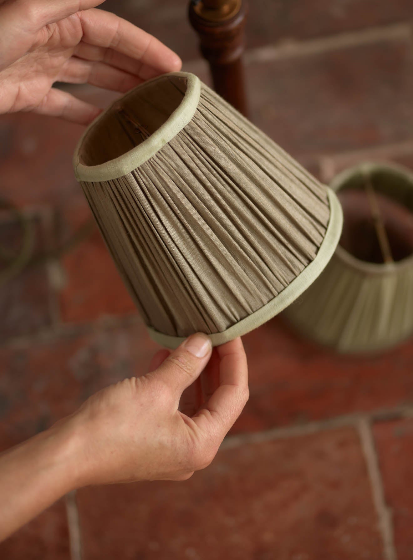 Gathered Silk Lampshade, Small, Olive